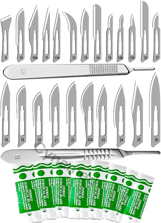 Cynamed 120 STERILE SCALPEL HANDLE BLADES #10#11#15#20# 21#22 +2 FREE Scalpel handle #3 and #4 Suitable for Dermaplaning, Crafts, for Biology Lab Anatomy, Practicing Cutting, Sculpting, Repairing