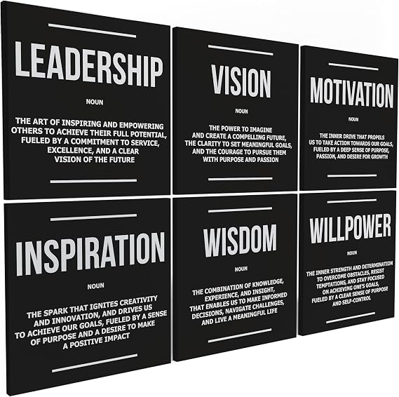 6X Motivational canvas, wall art for bedroom and office, inspirational black and white canvas poster, motivational poster set, decor bundle for home, wall pictures for living room (6x - 16 X 16 in)