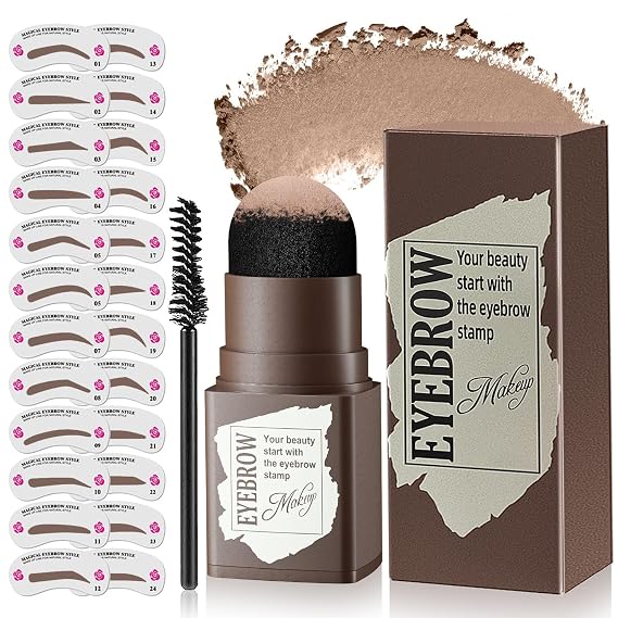 Eyebrow Stamp Stencil Kit with Brow Brush, 24pcs Reusable Eyebrow Stencils for Shaping, Brow Stamp Long-Wear & Waterproof for Women Eyebrow Color (Light Brown)