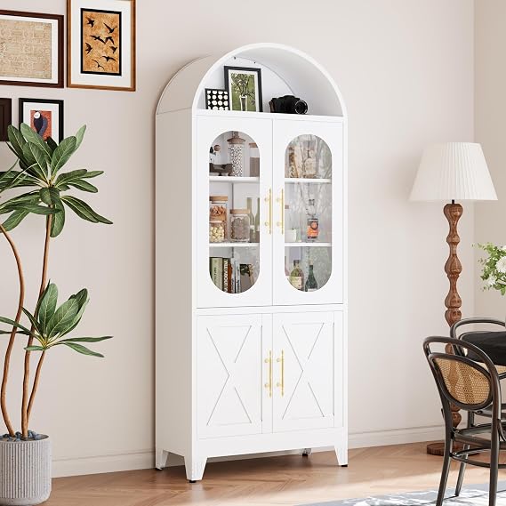 winiowa White Metal Arched Cabinet, 73'' Tall Kitchen Pantry Cabinet with Doors & 3 Shelves, Modern Farmhouse Storage Cabinets, Versatile Arched Bookcase for Kitchen, Dining Room