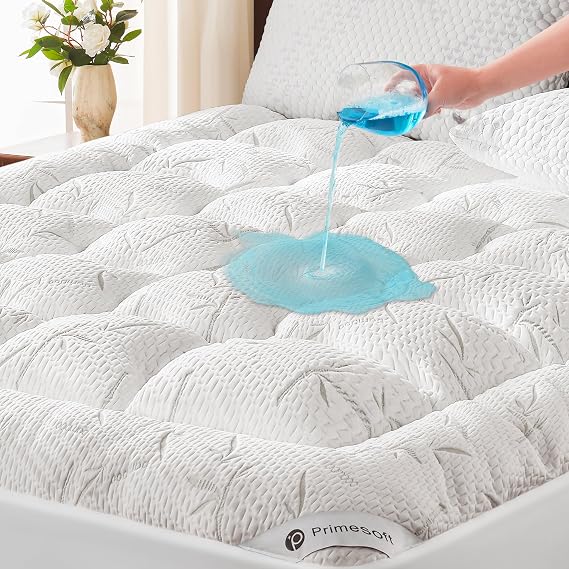 PRIMESOFT King Size Mattress Topper, Thick Pillow Top Mattress Pad,Up to 21 Inch Deep Pocket,Soft Breathable Mattress Pad for Back Pain, Waterproof Protector Cover(White)