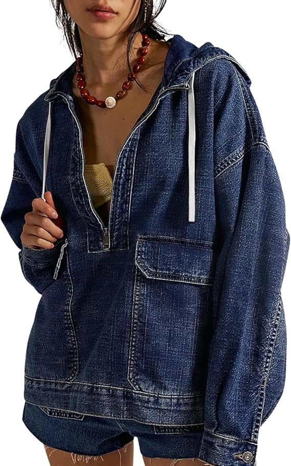 Omoone Women Oversized HalfZip Denim Hoodie Pullover Jacket (DarkBlue-XL)