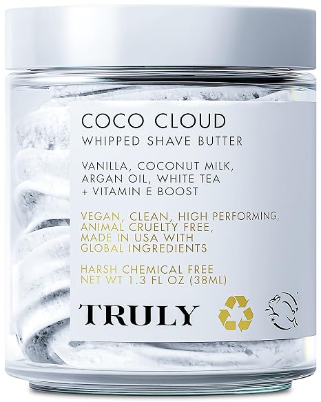 Truly Beauty Coco Cloud Shaving Cream for Women Sensitive Skin Whipped Shave Butter for Legs, Pubic Hair, Underarm, Body, Intimate Bikini Area, etc. 1.3 OZ