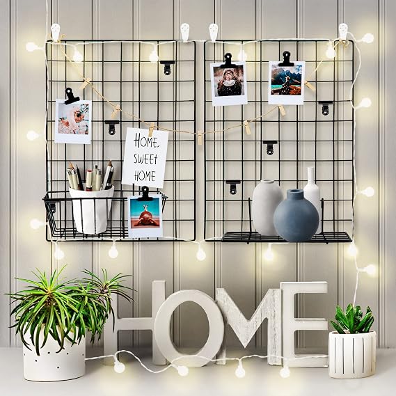 Wall Grid Wire Panels | Picture Organizer, Photo Decor Panel, Memo Board | 2 Pack 12.2" x 16.5" | Black Wire Basket and Shelf With Variety of Hangers, Hooks, Clips and Clothespins; Office Desk Metal