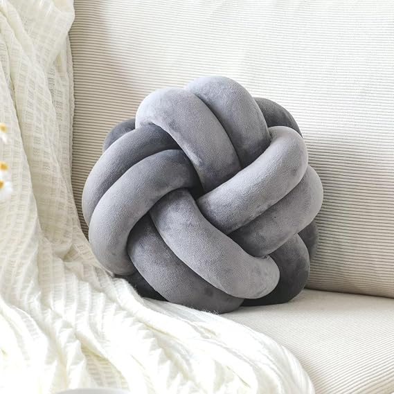 Knot Pillow Ball, Soft Decorative Throw Pillows Cushion, 11 Inch Round Plush Knotted Pillows Dark Gray Pillow, Modern Home Throw Knot Decorative Cushion for Bedroom, Sofa, Couch