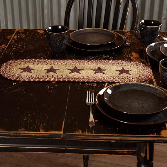 VHC Brands Classic Country Primitive Tabletop & Kitchen - Burgundy Tan Jute Red Stencil Stars Runner, 8" x 24"