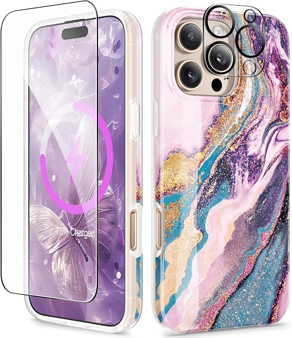 GVIEWIN for iPhone 16 Pro Case Compatible with MagSafe, with Screen & Lens Protectors, Military-Grade Protection Slim Marble Shockproof Magnetic Phone Case for 16 Pro 6.3", Dreamland River/Purple