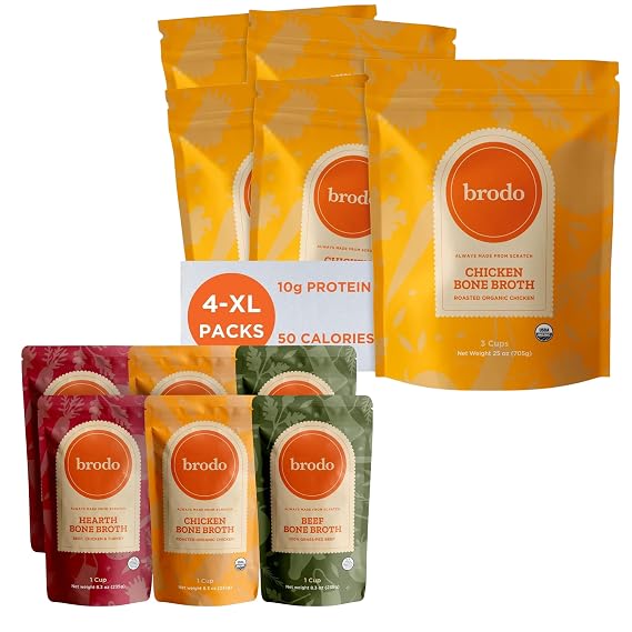 Brodo Collagen Rich Bone Broth Favorites Variety Pack (6 x 8oz) + Organic Chicken Bone Broth, Protein-Rich & Collagen-Packed (4 x 25oz)