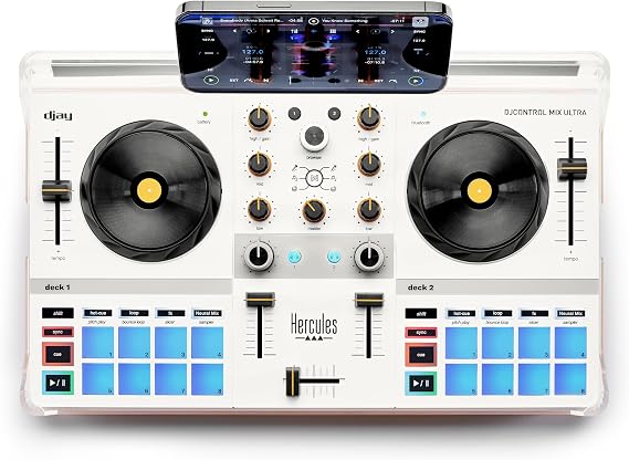 Hercules DJControl Mix Ultra | Ultra-compact wireless controller with Bluetooth LE, 10 hours battery, touch jog wheels, 16 pads, djay app