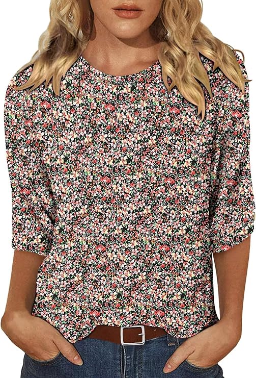 KISSMODA Women's Casual 3/4 Sleeve T-Shirts 2026 V-Neck Tunic Tops Cute Tees Blouses Loose Fit Business Work Tee Top