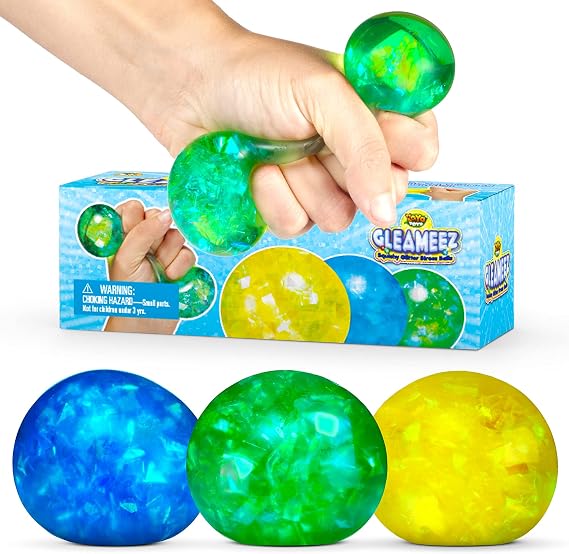 YoYa Toys Gleameez Glitter Stress Ball Fidget Toy Pack | Colorful Squish Balls Filled with Sparkling Foil Glitters | Excellent for Stress Relief, Focus, Relaxation & Gift Giving | 3 Pack