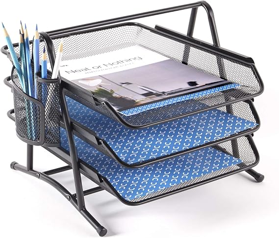 NEATOPA 3 Tier Stackable Letter Tray Metal Mesh Paper File Holder Desk Organizer Pen Holder (Black)