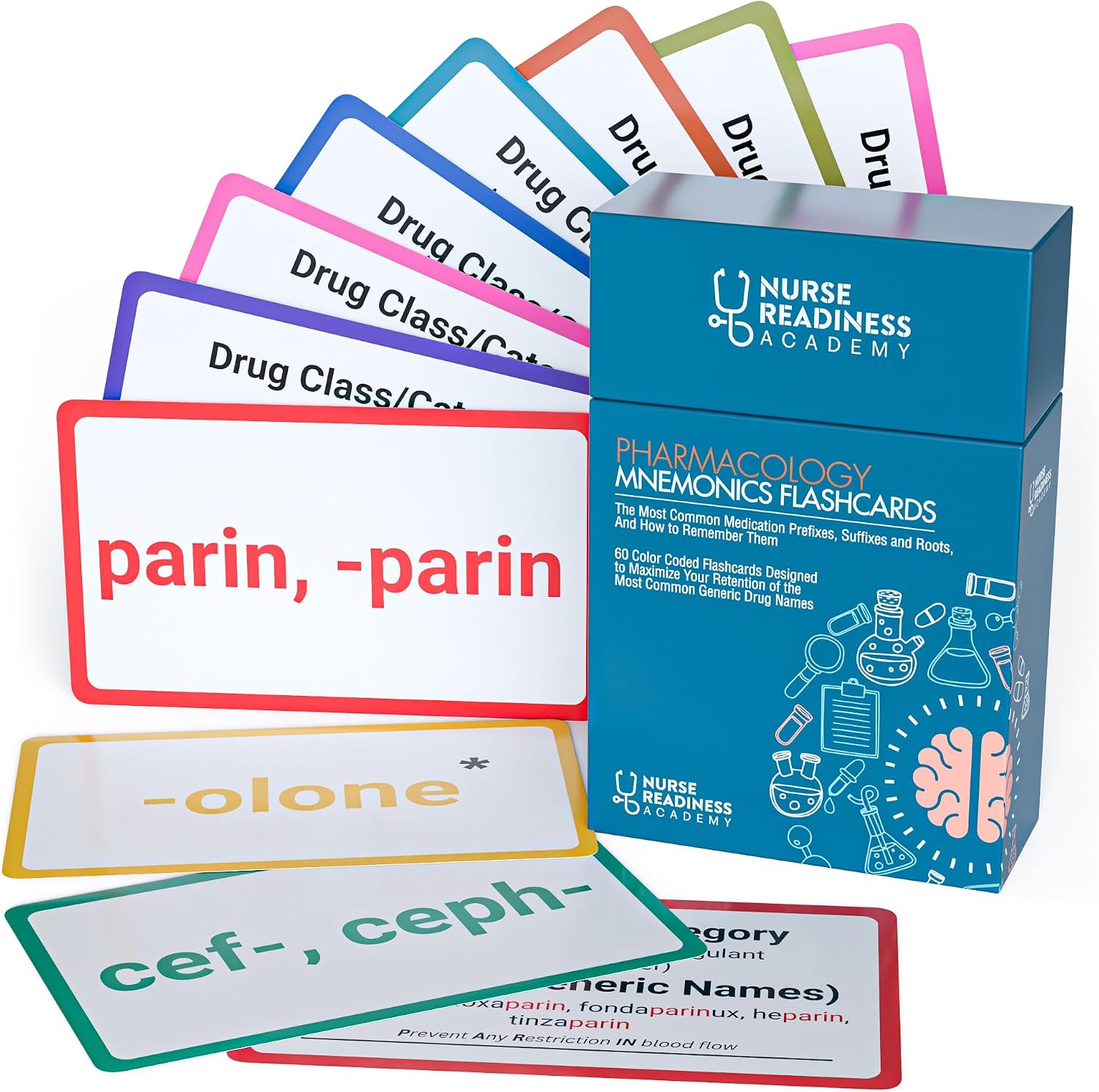 Pharmacology Mnemonics Flashcards: 60 Color Coded Flashcards for Learning The Most Common Generic Drug Names - for Nursing Students, Pharmacy Techs, and Med Students