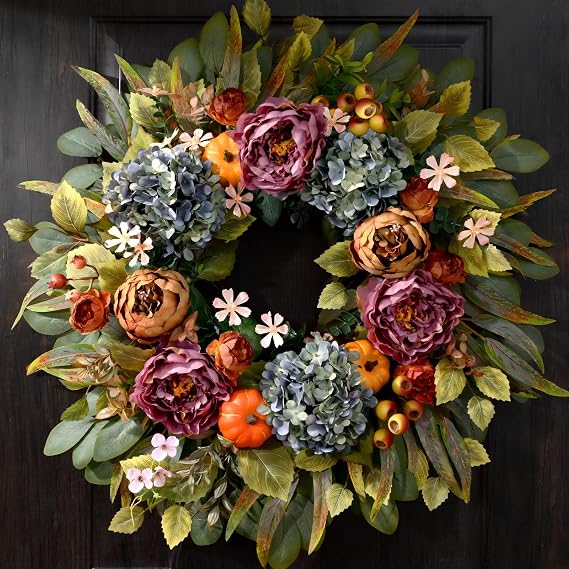 26" Fall Wreaths for Front Door, Peony Hydrangea Pumpkins Wreath