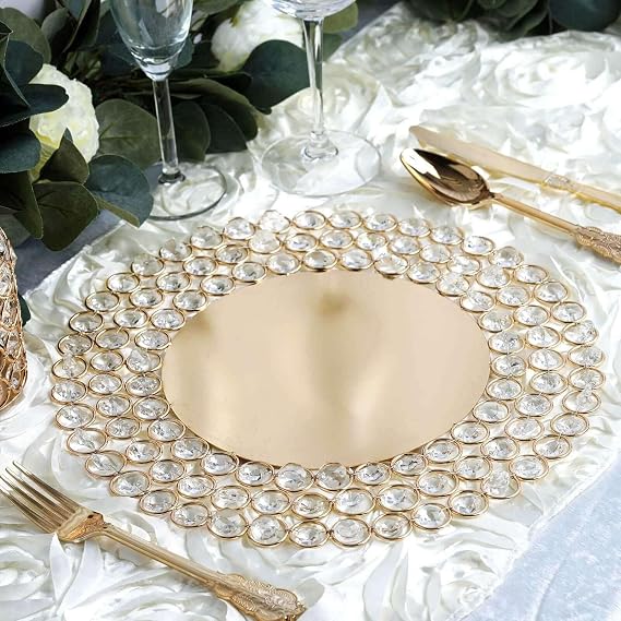 Efavormart 14" Gold Wired Metal Charger Plate with 118 Acrylic Crystal Beads - Glamorous Tabletop Underplate for Luxury Weddings, Galas, and High-End Event Decor