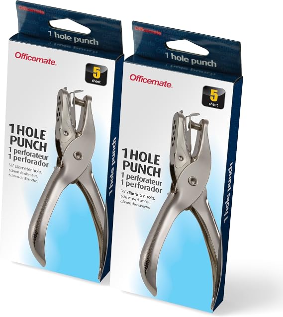Officemate Single Hole Punch - 5 Sheet Capacity, Nickel Plated Hand Punch, 0.25-Inch Hole Size Paper Puncher, Silver, 2-Pack