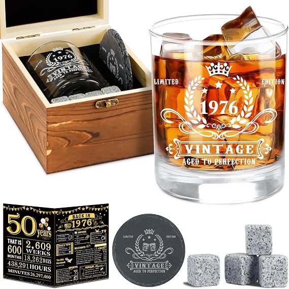 YeohJoy 50th Birthday Gifts for Men,Vintage 1976 Whiskey Glass Set