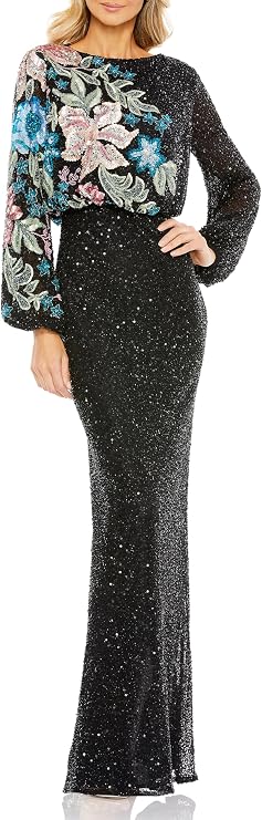 Mac Duggal Beaded Mesh Boat Neck Bishop Sleeve Column Gown