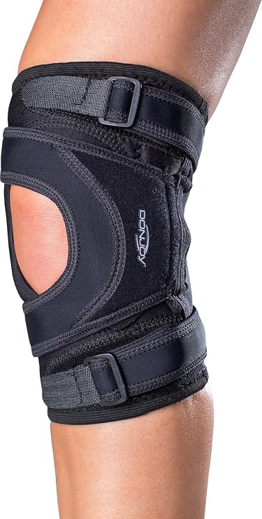DonJoy Tru-Pull Lite Knee Brace for Patella Instabilities & Dislocations with Bifurcated Strap & Dual-Durometer Buttress | Black | LEFT LEG, Large