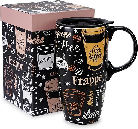 Topadorn 17oz Ceramic Travel Mug with Lid, Coffee Lover Coffee Mug