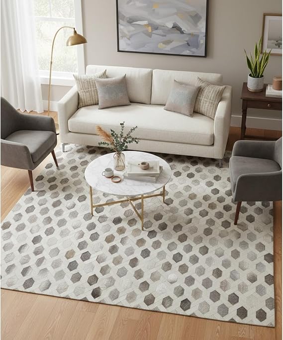 Hair-On Hide Patchwork Area Rug 38 ft Geometric Cow Chain Design Runner Carpet, Multi Grey Decorative Rug for Living Room, Bedroom & Hallway