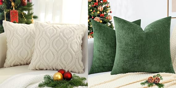 decorUhome Pack of 2 Plush Faux Wool Pillow Covers Bundle Pack of 2 Christmas Chenille Throw Pillow Covers 18X18,Beige and Moss Green