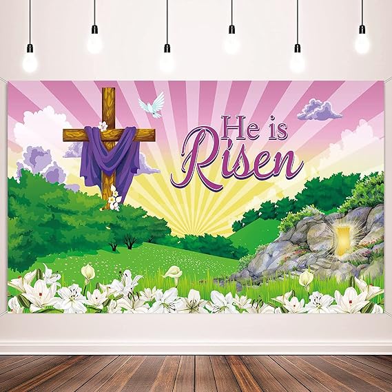 Happy Easter Day Banner Party Decorations He is Risen Banner Photography Backdrop, Large Fabric Easter Cross Religious Photo Background for Jesus Easter Spring Party Supplies, 72.8 X 43.3 Inch