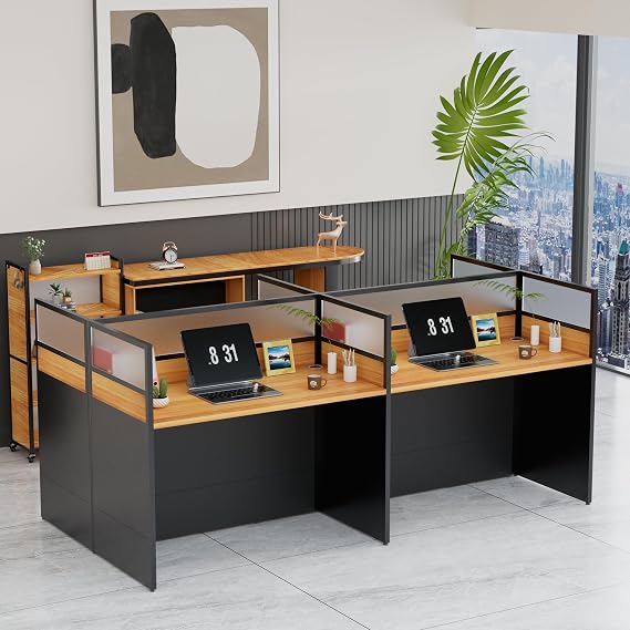 Nykto 4 PersonOffice Cubicle Desk with Mute Privacy Panels,Modular, Walnut | Office Cubicle Workstation, with Cable Grommet, 1in Thickened Desktop, Cubicle for Commercial/School/government