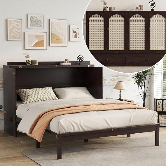 DEINPPA Queen Size Murphy Bed with Storage Drawer and Charging Socket, Foldable Cabinet Bed with Rattan Decoration for Living Room Guest Bedroom Apartment-Espresso