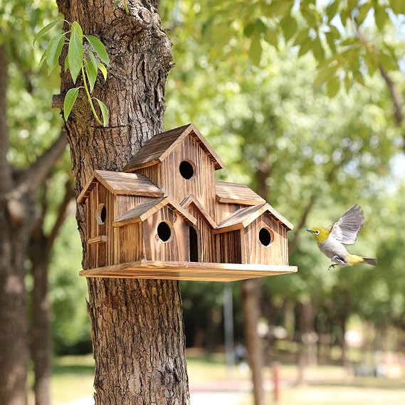 Wooden Bird House for Outside Hanging, 6-Hole Garden Decor (Brown)