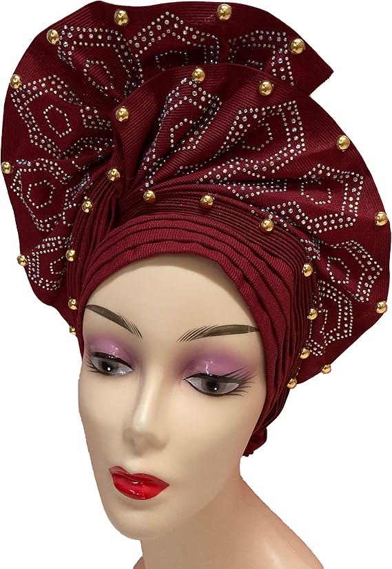 Nigerian Auto Gele Headties with Beads&Stones Already Made African Head Wrap Women Turban Cap Headbands