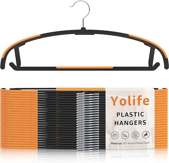 Yolife Plastic Clothes Hangers 10 Pack with Non-Slip Pads, 17.5" L 8.3" H Heavy Duty Hanger with 360 Swivel Metal Hook, Slim Space Saving Hangers for Closet Organizer, Black & Orange
