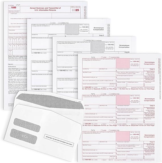 1099 NEC Tax Forms 2025,and 25 Self-Seal Envelopes, 25 3 Part Laser Tax Forms Kit, Pack of Federal/State Copy's, 1096's Great for QuickBooks and Accounting Software