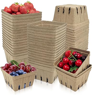 Rainmae 50 Pack Natural Pulp Fiber Berry Basket, Molded Berry Basket Produce Vented Container for Strawberry Blueberry Raspberry and Vegetable, Farmer Market, Grocery Stores, Backyard Party