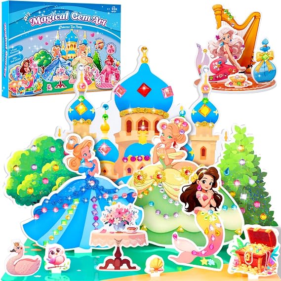 Stickers for Kids, Gem Stickers Kit, Travel Toys for Girls, 600+Sticker, DIY Scrapbooking Activity, 5 Princess Theme Diamond Art Kits for Kids Christmas Birthday Gifts for Girls Ages 3, 4, 5, 6, 7, 8