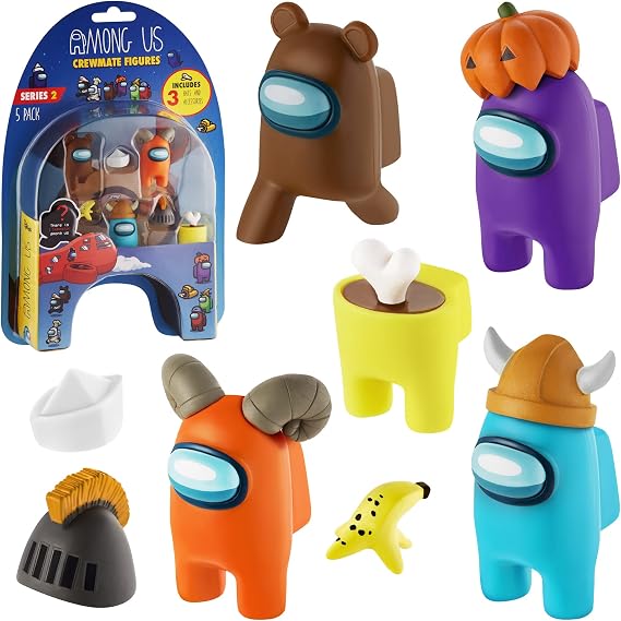 P.M.I. Among Us Crewmate Figures | 5 Among Us Toys Out of 16 Collectibles in 1 Pack | Among Us Merch Incl. The Peeled and The Clogged | 1 Hidden Impostor | Mini Toys with 3 Addl Hats | Kids Toys