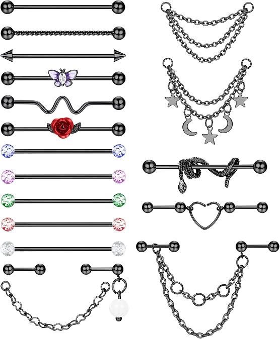 ZELORES 14G Industrial Piercing Jewelry Stainless Steel Industrial Earring for Women Men Snake Chain Dangle Cartilage Helix Piercing Jewelry Industrial Piercing Bar 38MM