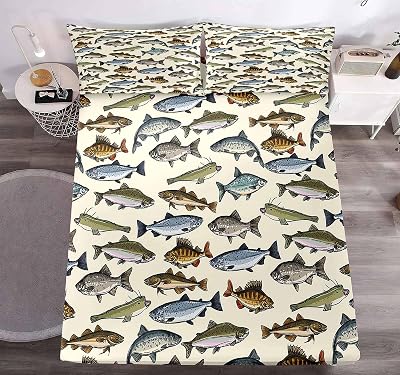 LUVIVIHOME 4PCS Fishing Sheets Set, Queen Bed Sheets, Hunting Lodge Country Rustic Farmhouse Pike Bass Fish Bedding, Fishing Gifts for Men Teen Boys, 1 Fitted Sheet & 1 Flat Sheet with 2 Pillowcases