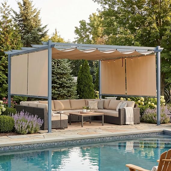 Aoodor 10 x 12 ft Outdoor Pergola with Retractable Shade Canopy, Matte Aluminum Frame, 4 Roller Shade Curtains, Grape Trellis for Patio, Backyard, Garden, and Deck, Brown