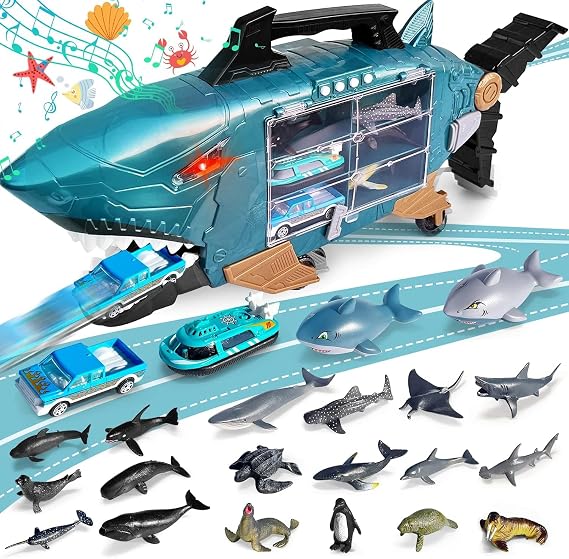 Grarain Shark LED Ocean Animal Toys - Trucks, Cars & 18pcs Sea Animals for 3+ Year Olds