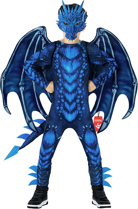 Morph Dragon Costume Kids with Wings, Halloween Costume Boys | Jumpsuit, Wings, Mask & Tail Included, Scale Print, Hand-Painted Dragon Mask, Perfect for Halloween, Great for Dress-Up