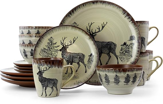 Elama Majestic Elk 16 Piece Round Stoneware Dinnerware Set in Taupe