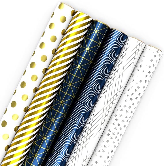Hallmark Bulk Wrapping Paper Rolls for Birthday, Wedding, Graduation Blue Metallic Gift Wrap Paper (Set of 6 Rolls: 180 Square Feet Total) Silver Stars, Gold Dots, Stripes, Navy