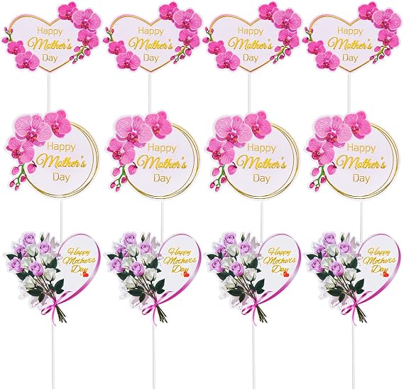 SUMERSHA 12 Pieces Happy Mother's Day Cake Toppers Flower Cupcake Topper for Mother's Day Birthday Cake Decoration Party Supplies, 3 Styles