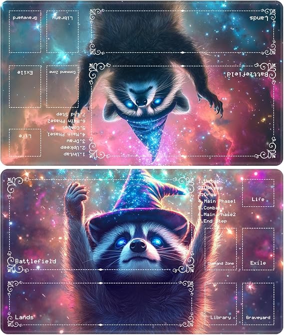 Playmat for MTG with Zones (2 Pack), Card Game Mat Non-Slip Rubber Base and Stitched, 24 x 14 inch TCG Play Mat for MTG and Other Card Games, Magical Raccoon