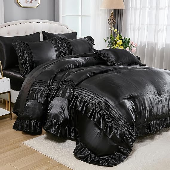 Black Satin Comforter Set 8 Pieces Queen Comforter with Sheets Silk Like Satin Bed Set Luxury Bedding Bed in a Bag 1 Comforter 4 Pillowcasas 1 Flat Sheet 1 Fitted Sheet 1 Cushion Cover