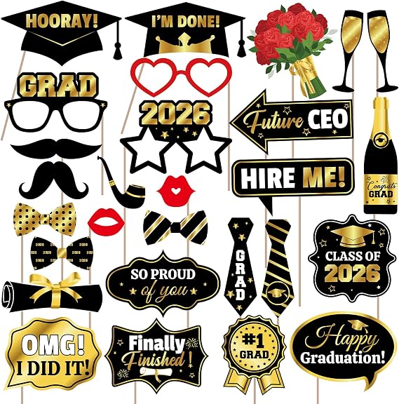 28 Pcs Graduation Photo Booth Props 2026, Black and Gold Congrats Grad Photography Props with Sticks & Adhesive Dots, Class of 2026 Party Favors & Decorations