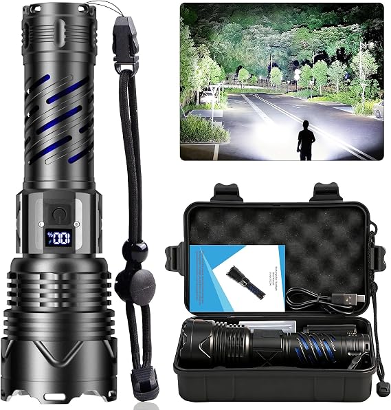 Karrong Rechargeable Flashlight, High Lumens Long Beam Super Bright Powerful Flashlight, 5 Mode, Zoomable, Waterproof, Tactical Light for Camping Hiking