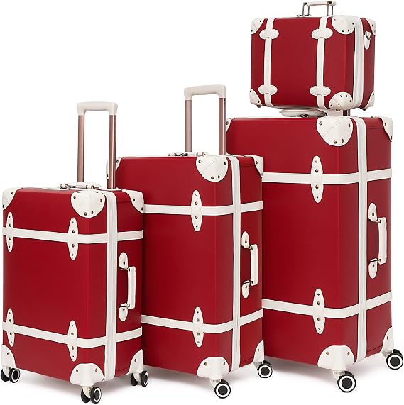 NZBZ Vintage Luggage Set for Women, 4 Piece Retro Trunk Luggage Set with 14" Travel Case, PU Leather Travel Luggage with TSA-Accepted Lock & Protective Cover, Cherry Red