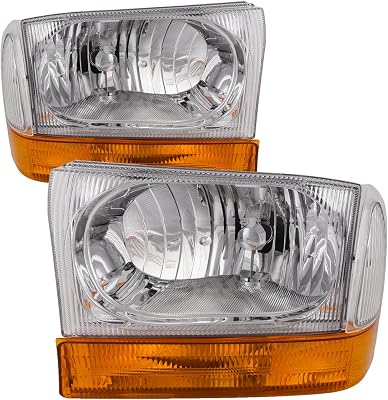 HEADLIGHTSDEPOT Chrome Housing Halogen Euro Headlights 4-Piece Set wStock Corner Lights Compatible with Ford Excursion F-250 Super Duty F-350 F-450 F-550 Includes Driver and Passenger Side Headlamps
